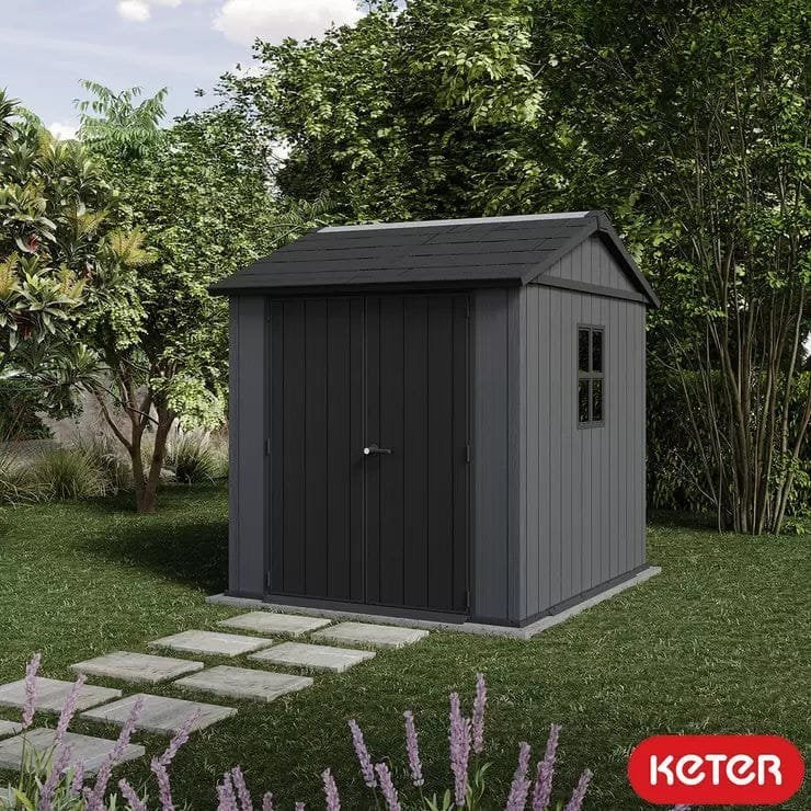 Keter Newton Plus Vertical 7×7.5 ft Apex Grey Plastic 2 door Shed with floor & 2 windows (Base included)