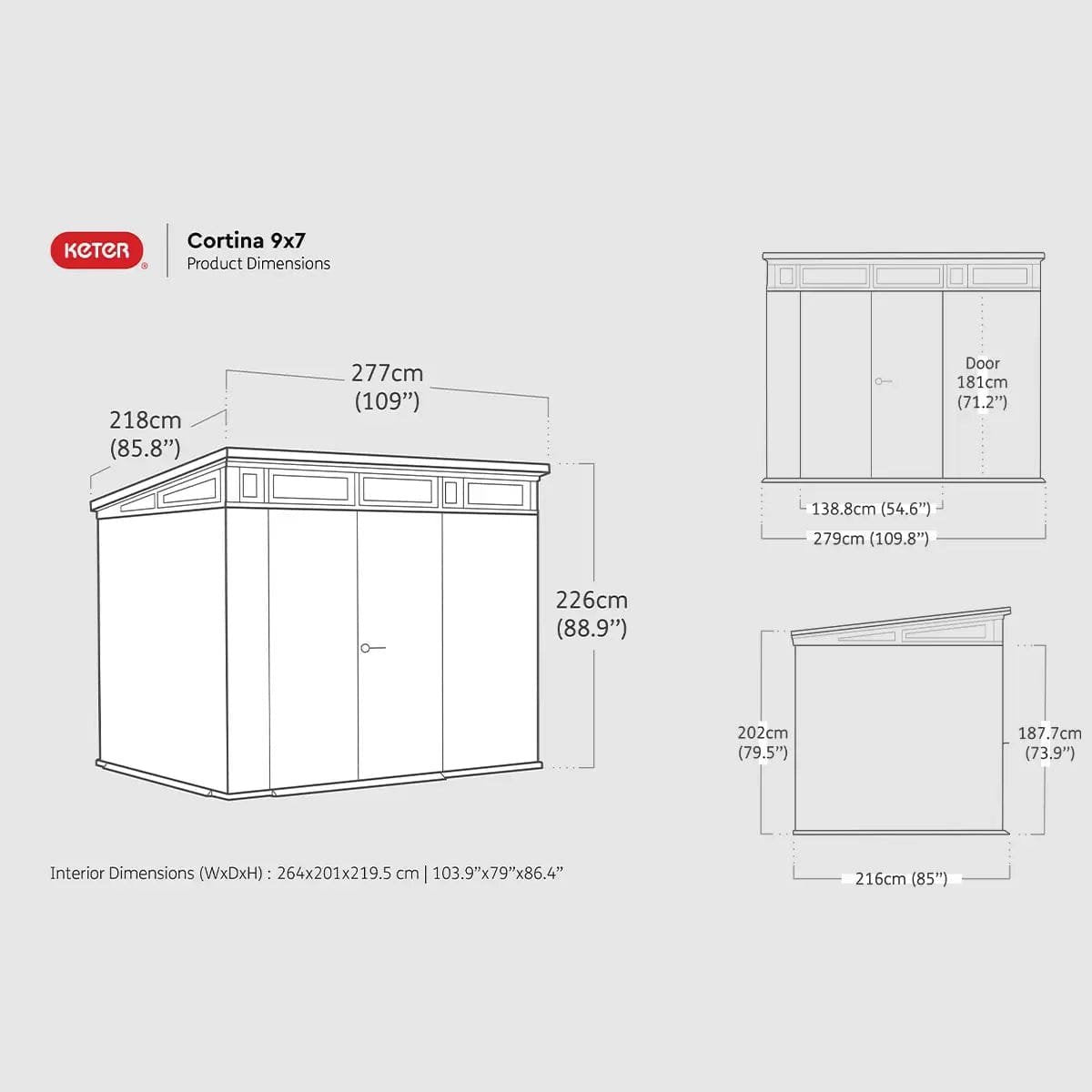 Keter 9’x 7′ Cortina Heavy Duty Plastic Pent Shed – Dark Grey