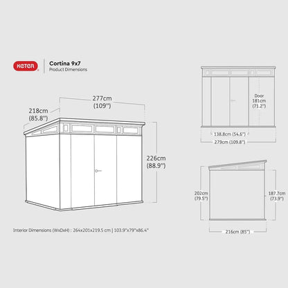 Keter 9’x 7′ Cortina Heavy Duty Plastic Pent Shed – Dark Grey
