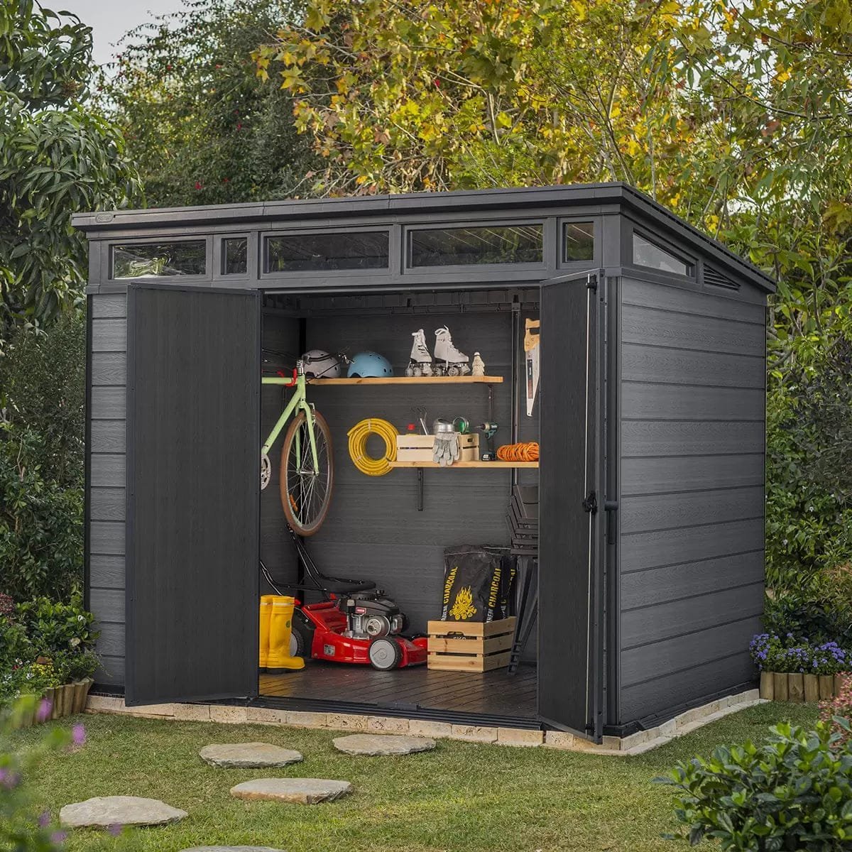 Keter 9’x 7′ Cortina Heavy Duty Plastic Pent Shed – Dark Grey