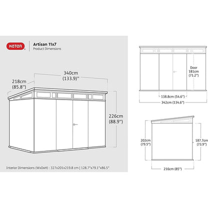 Keter Artisan 7×11 ft Pent Grey Plastic 2 door Shed with floor & 1 window