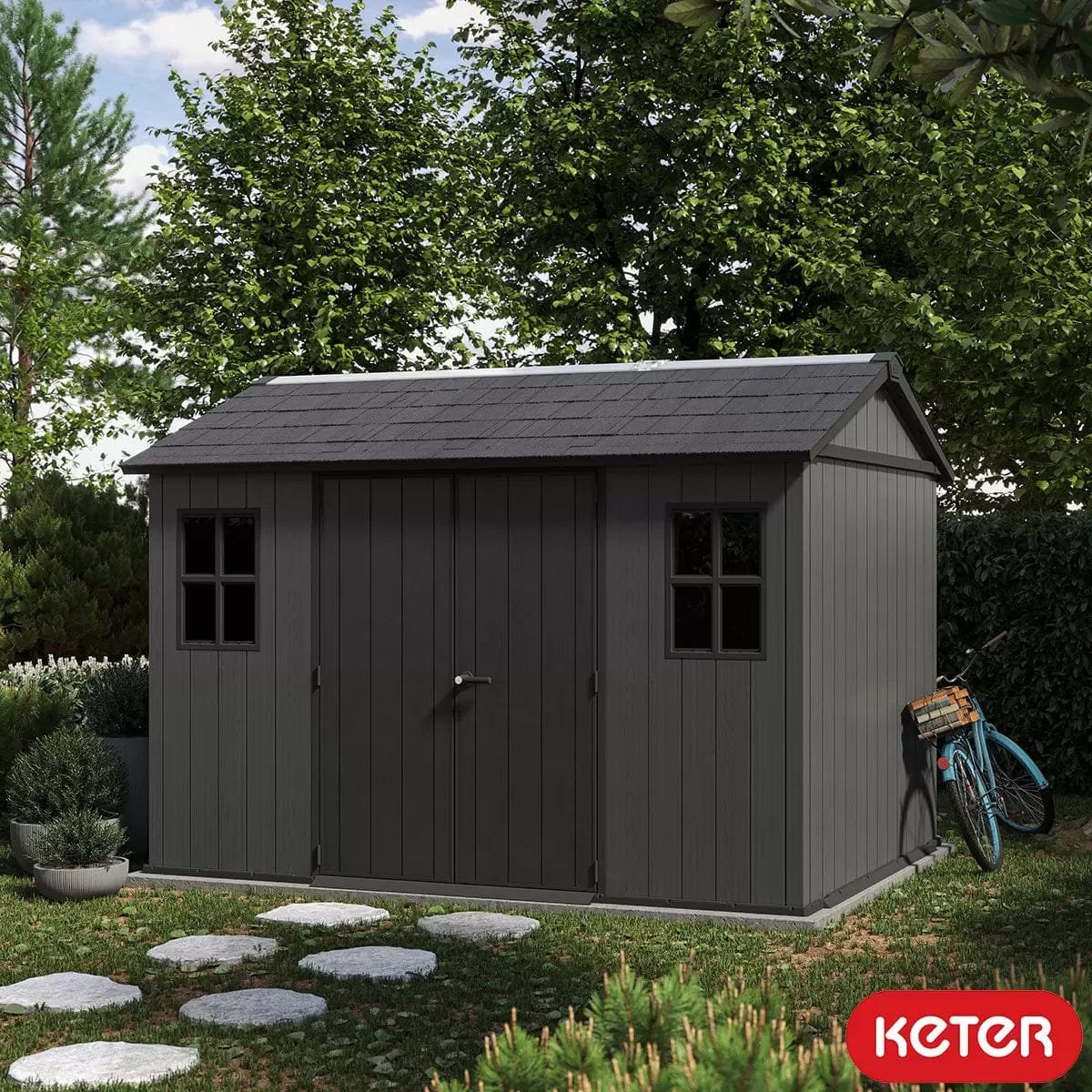 Keter 11’x7.5′ Newton Plus Side Entry Plastic Shed – Dark Grey