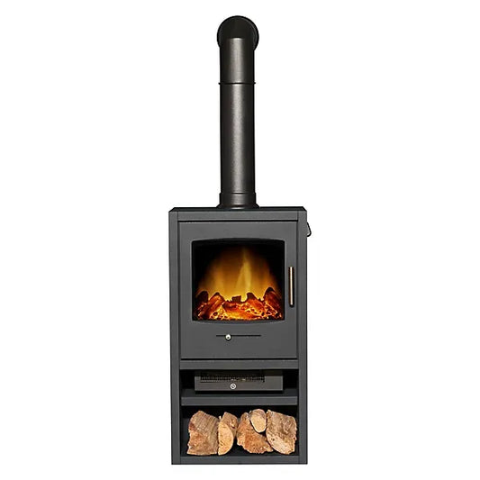 Adam Bergen XL Electric Stove in Charcoal Grey with Tall Angled Stove Pipe in Black