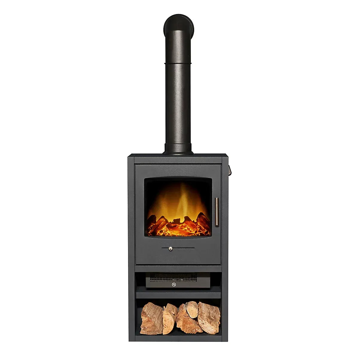 Adam Bergen XL Electric Stove in Charcoal Grey with Tall Angled Stove Pipe in Black