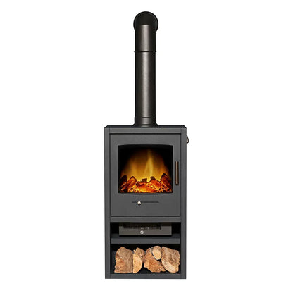 Adam Bergen XL Electric Stove in Charcoal Grey with Tall Angled Stove Pipe in Black