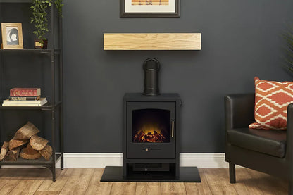 Adam Oak Beam, Hearth & Stove Pipe with Bergen Stove in Charcoal Grey