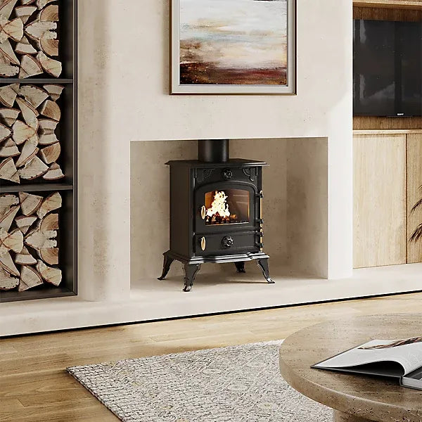 5KW Cast Iron Eco Design Stove MultiFuel Wood Burning Stove Fireplace with H 32cm Metal Stove Pipe